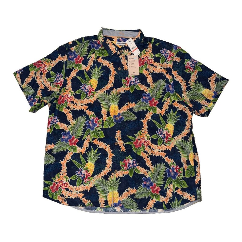 NWT Tommy Bahama Silk Mens 3XL Lei In Paradise Shirt Island Zone Navy Button Up